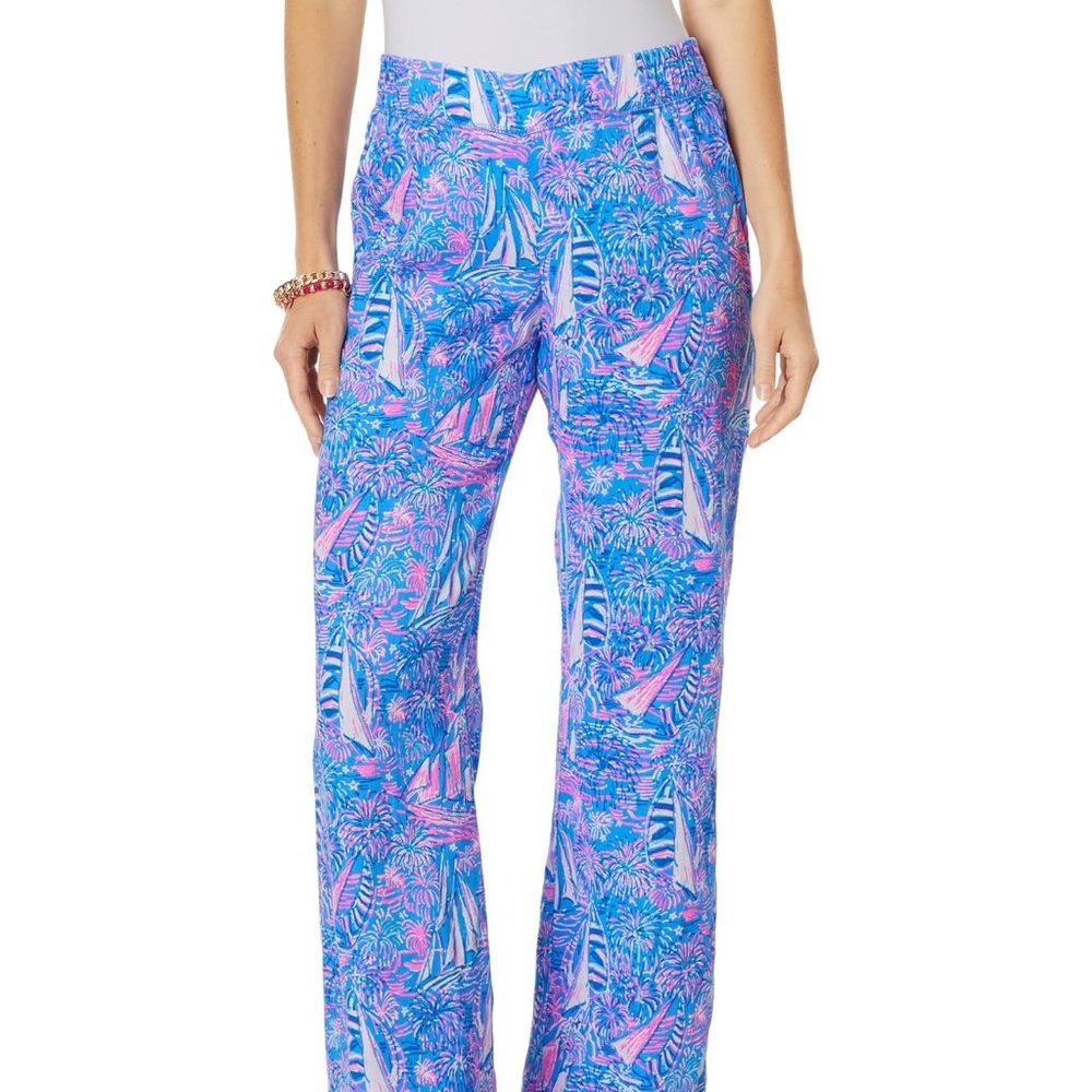 Lilly Pulitzer Boca Blue "It's a Sailabration" Deri Linen Palazzo Pants Large